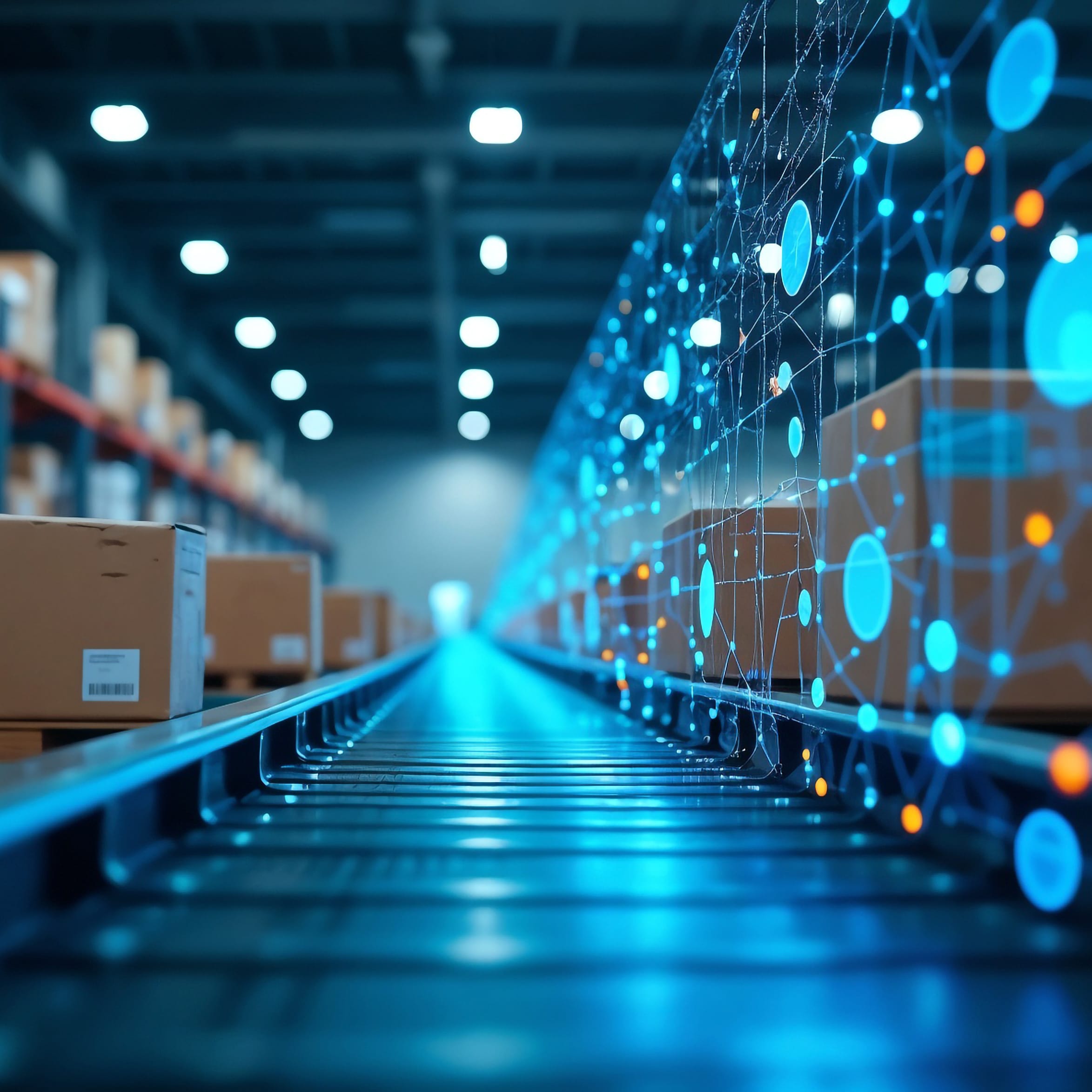 Level 1 Out of Stock Analyzer Agent - illuminated warehouse aisle used to represent inventory monitoring.