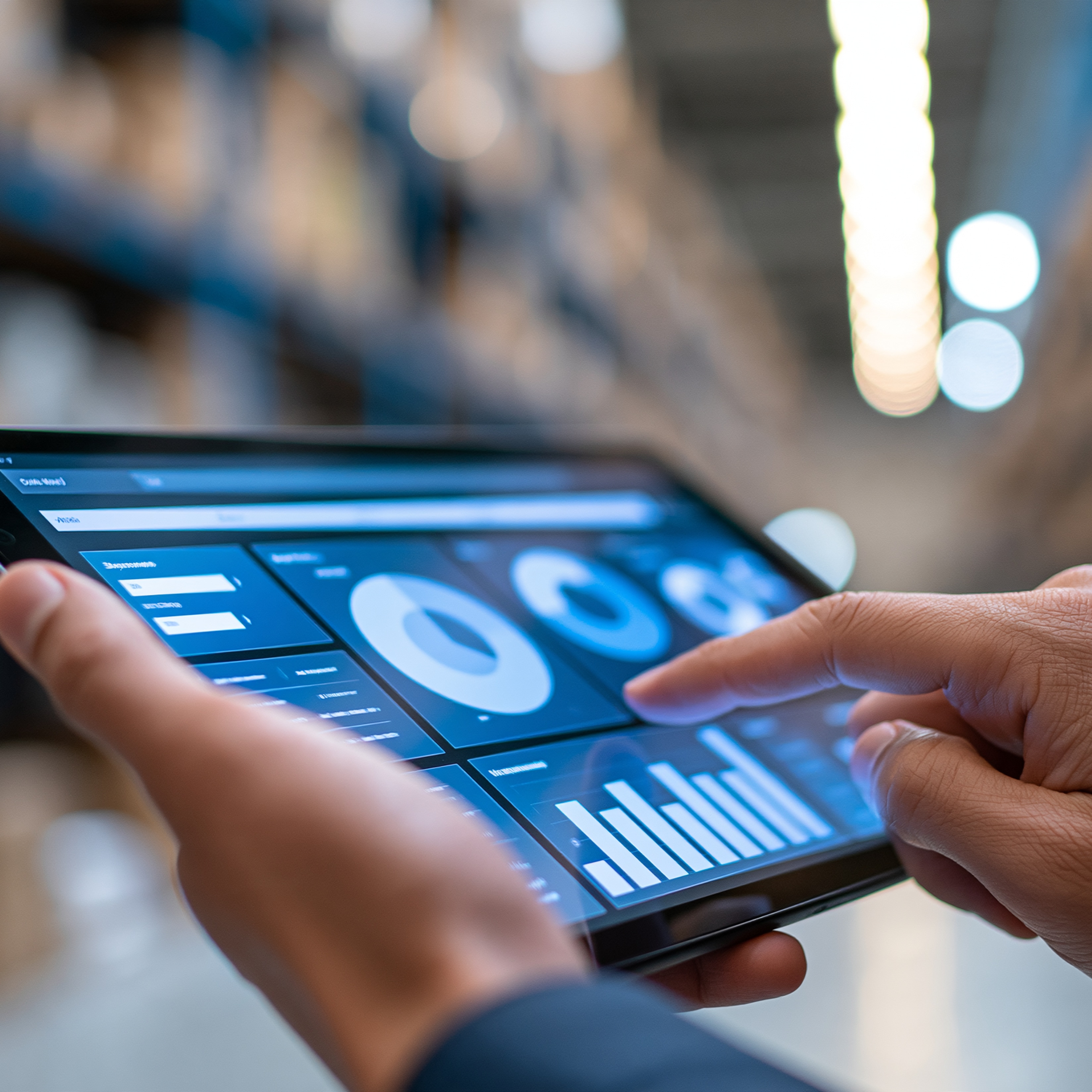 Level 1 Dashboarder Agent - hands holding a tablet displaying operational analytics dashboards.