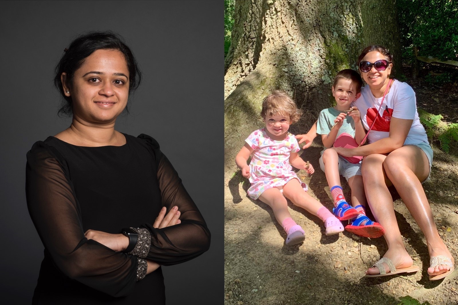A photo of Sarah's headshot (left) and Sarah with her family (right)