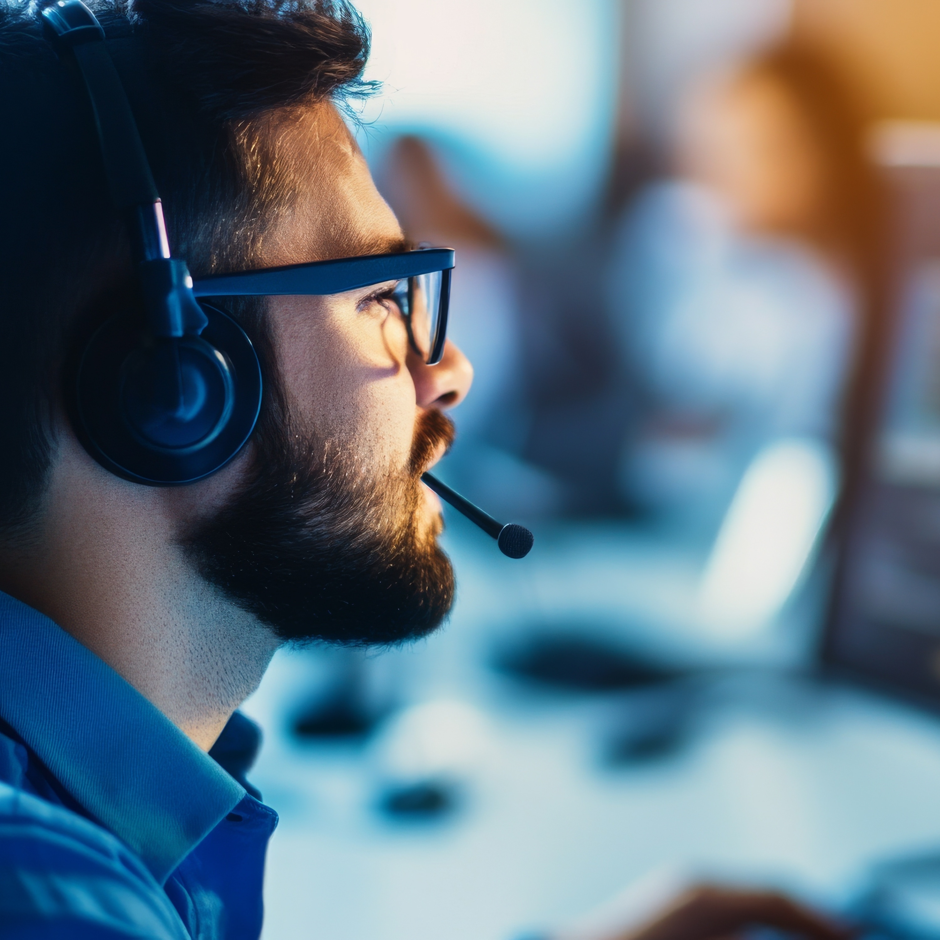 Level 2 Ticket Helper Agent - operator wearing a headset, guided through real-time ticket creation workflows.