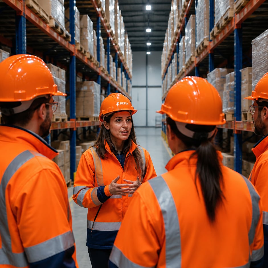 Level 2 Labor Distribution Agent - warehouse workers in orange hi-vis, representing operator workload and capacity.