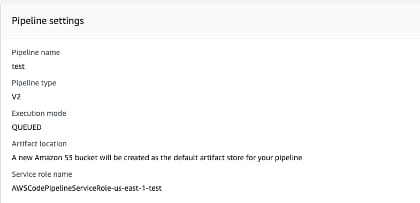 Screenshot of review pane following creation of CodePipeline