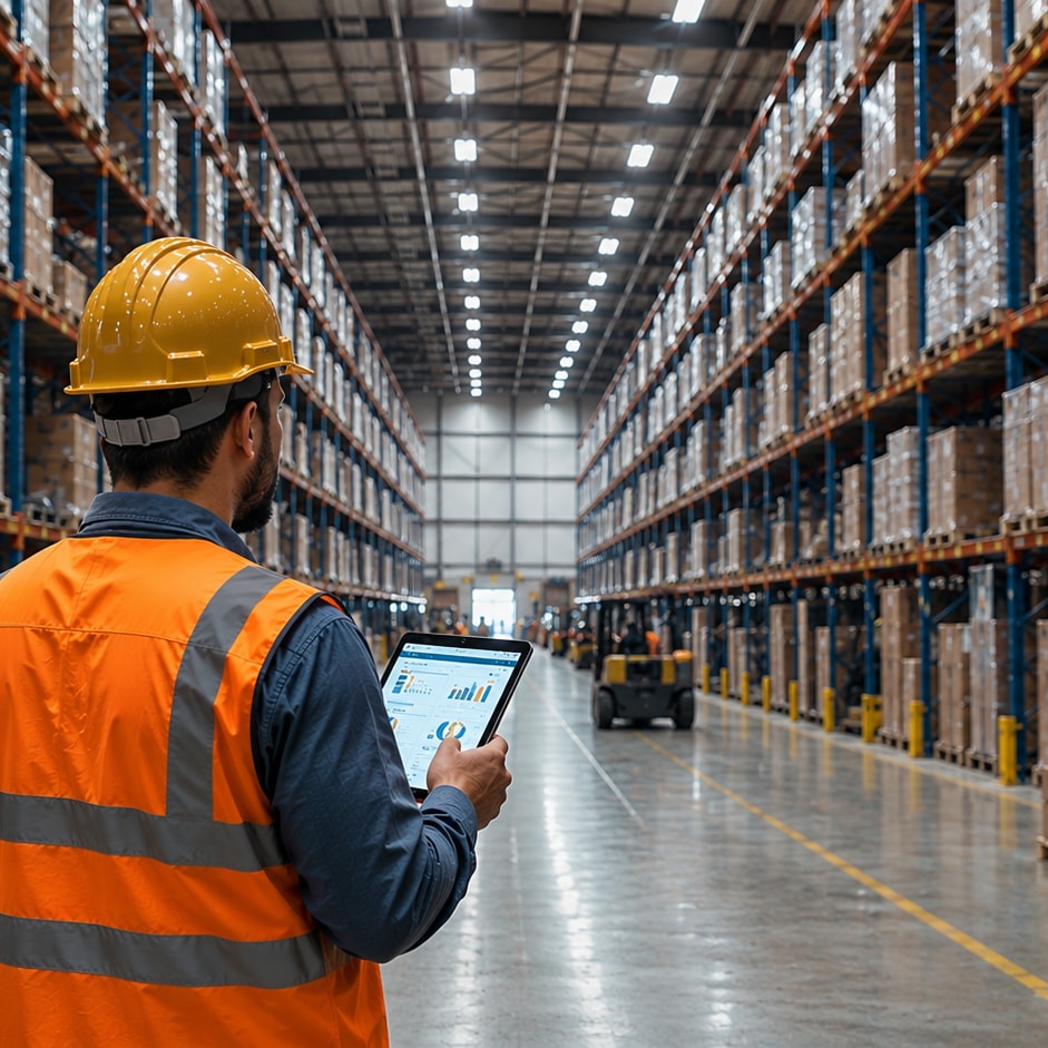 Level 2 Smart Support Agent - warehouse worker using a tablet in an aisle, accessing self-service support within the WMS.