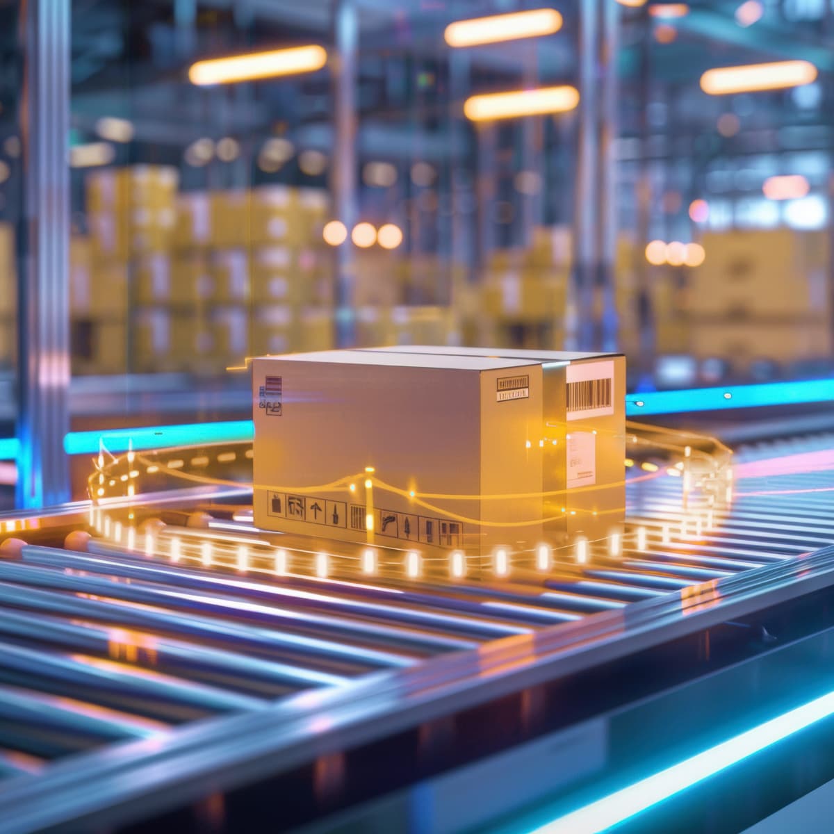 Level 2 Lost & Found Agent - package on a warehouse conveyor belt, representing computer vision tracking of physical items.